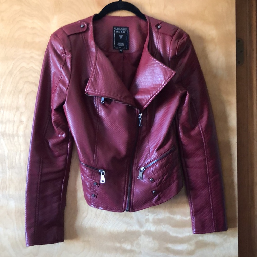 Needs repair - GUESS Brick Red Faux Leather Moto Jacket - Small - Picture 10 of 15